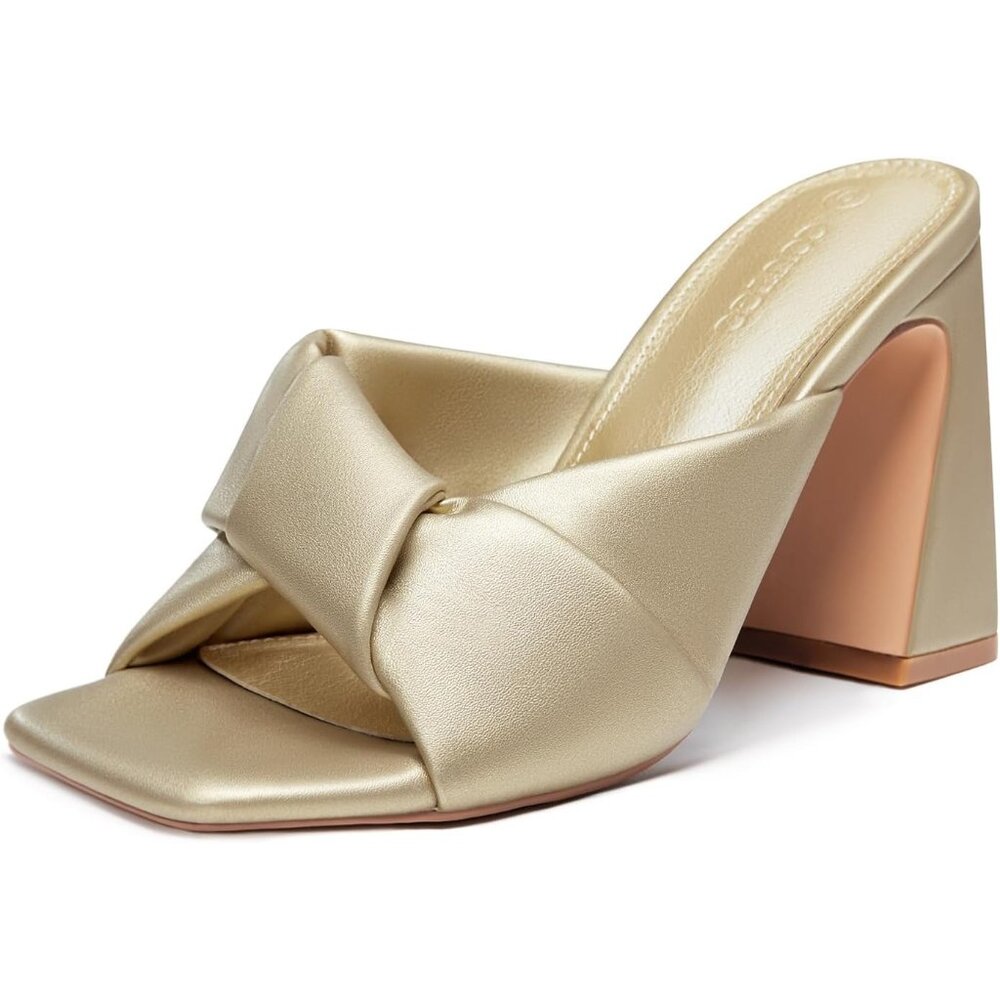 Women's Gold Chunky Heeled Mules Puffy Knot Square Open Toe Slip On Sandals
